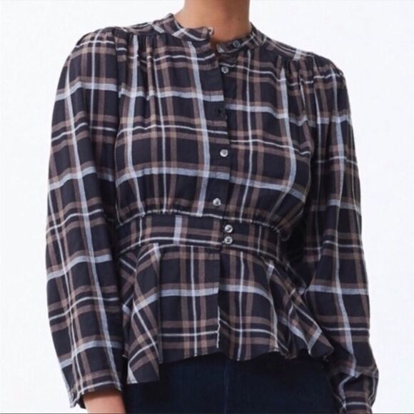 CITIZENS OF HUMANITY Plaid Button Front Peplum Shirt Blouse Black Brown  S - Picture 1 of 6